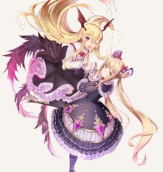 Rule 34 | 2girls, bat wings, beige background, black dress, black footwear, black legwear, black skirt, blonde hair, boots, bow, commentary request, double bun, dress, flower, frilled shirt collar, frills, granblue fantasy, green eyes, hair between eyes, hair bow, hair bun, head wings, highres, knee boots, layered sleeves, light brown hair, long hair, long sleeves, looking at viewer, looking to the side, luna (shadowverse), multiple girls, pantyhose, puffy short sleeves, puffy sleeves, red bow, red eyes, red flower, red rose, red wings, rose, rui rubellent, shadowverse, shirt, short over long sleeves, short sleeves, side bun, simple background, single side bun, skirt, stuffed animal, stuffed toy, twintails, vampy, very long hair, white footwear, white shirt, wings