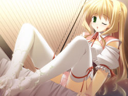 Rule 34 | 1girl, bed, blonde hair, cum, cum on body, cum on clothes, cum on feet, cum on lower body, feet, footjob, game cg, green eyes, invisible penis, no shoes, ogata kimika, one eye closed, panties, pantyshot, pot rondo for dears, sakaki maki, sitting, solo, thighhighs, underwear, wink