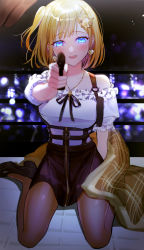 Rule 34 | 1girl, :d, aiming, aiming at viewer, bad id, bad pixiv id, bare shoulders, blonde hair, blouse, blue eyes, blurry, blush, breasts, coat, depth of field, earrings, finger on trigger, glowing, glowing eyes, gun, hair ornament, handgun, heart, heart earrings, high heels, highres, holding, holding gun, holding weapon, hololive, hololive english, holster, jewelry, key, looking at viewer, medium breasts, necklace, one side up, open mouth, pantyhose, pistol, pointing weapon, pov, shirt, shoes, short hair, skirt, smile, solo, suspender skirt, suspenders, syandega, unworn coat, virtual youtuber, watson amelia, watson amelia (street casual), weapon, white shirt, zipper