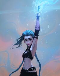 Rule 34 | 1girl, arcane: league of legends, arcane jinx, arm up, arm warmers, armpits, black pants, blue eyes, blue fire, blue hair, braid, breasts, commentary, crop top, english commentary, fire, forehead, furrowed brow, highres, holding, holding torch, jinx (league of legends), league of legends, lips, long hair, navel, pants, pink lips, sam yang, scene reference, shirt, sleeveless, sleeveless shirt, small breasts, solo, spiked belt, stomach, stomach tattoo, swept bangs, tattoo, torch, twin braids, upper body, very long hair