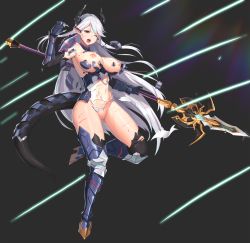 Rule 34 | absurdres, armor, bad id, bad pixiv id, blood, blood on face, breasts, epic seven, highres, horns, large breasts, luna (epic seven), nipples, polearm, pussy, red eyes, solo, spear, tail, torn clothes, wangjook (wj), weapon, white hair