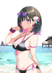 Rule 34 | 3girls, absurdres, alternate costume, azki (hololive), bare shoulders, bikini, black hair, blue hair, breasts, cleavage, colored inner hair, commentary, duplicate, ear piercing, english commentary, eyewear on head, hand up, highres, hololive, hoshimachi suisei, layered bikini, looking at viewer, medium breasts, medium hair, multicolored hair, multiple girls, navel, nonbire, ocean, piercing, pink hair, pixel-perfect duplicate, purple eyes, red hair, sakura miko, simple background, solo focus, sunglasses, swimsuit, torii, virtual youtuber, white background