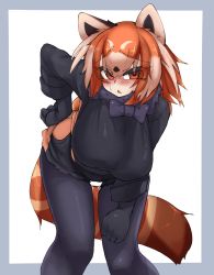 Rule 34 | 1girl, absurdres, animal ears, black bow, black bowtie, black gloves, black pantyhose, black sweater, blush, border, bow, bowtie, breasts, commentary request, gloves, grey border, hair between eyes, highres, kemono friends, kemono friends 2, large breasts, leaning forward, lesser panda (kemono friends), looking at viewer, orange eyes, orange hair, outside border, pantyhose, simple background, solo, sweatdrop, sweater, tail, triangle mouth, urisaba, white background