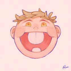 Rule 34 | 1boy, absurdres, artist name, brown eyes, buck teeth, buck tooth emoji (meme), commentary, dungeon meshi, english commentary, highres, laios touden, looking at viewer, male focus, meme, open mouth, pan (pan p), pink background, short hair, simple background, solo, teeth, very short hair, yellow eyes