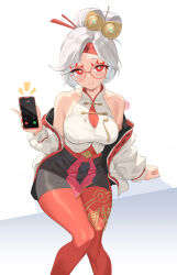 Rule 34 | 1girl, backless bodysuit, bare shoulders, breasts, eyeshadow, glasses, hair ornament, hair stick, headband, highres, holding, holding phone, jacket, large breasts, looking at viewer, makeup, nintendo, pantyhose, phone, purah, red-framed eyewear, red eyeshadow, red headband, red pantyhose, revvie, round eyewear, sheikah, solo, the legend of zelda, the legend of zelda: tears of the kingdom, white hair