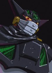 Rule 34 | black getter, black scarf, close-up, colored sclera, getter robo, highres, horns, korean commentary, looking down, mecha, no humans, red eyes, robot, scarf, science fiction, shin getter robo, solo, super robot, superphotrone, yellow sclera