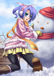 Rule 34 | 1girl, absurdres, black pantyhose, blue eyes, blue hair, blush, boots, day, earmuffs, female focus, from behind, fur boots, hat, highres, kneeling, looking back, matching hair/eyes, mittens, open mouth, original, outdoors, pantyhose, ponytail, scarf, shindou shuuji, skirt, sky, smile, snow, snowman, solo
