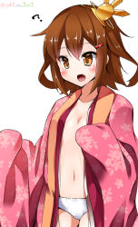 Rule 34 | 10s, 1girl, :d, ?, alternate costume, blush, brown eyes, brown hair, fang, flat chest, hair ornament, hairclip, hinamatsuri, ikazuchi (kancolle), japanese clothes, kantai collection, kimono, long sleeves, navel, no bra, open clothes, open kimono, open mouth, panties, short hair, simple background, sleeves past wrists, smile, solo, twitter username, underwear, white background, white panties, yuuki hb