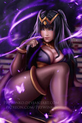 Rule 34 | black hair, bodysuit, breasts, bug, butterfly, cleavage, deviantart username, finger to mouth, fire emblem, fire emblem awakening, insect, jewelry, long hair, magic, mole, mole on breast, nail polish, nintendo, patreon username, prywinko, realistic, ring, solo, tharja (fire emblem), twintails, two side up