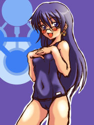 Rule 34 | 00s, 1girl, bad id, bad pixiv id, blue eyes, blue hair, blush, cameltoe, earrings, fang, female focus, glasses, jewelry, long hair, matching hair/eyes, nasuka, nogami aoi, one-piece swimsuit, purple one-piece swimsuit, purple school swimsuit, school swimsuit, solo, swimsuit, very long hair, zettai karen children
