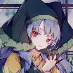 Rule 34 | 1girl, blue hair, bracelet, frilled hat, frills, green hat, haniyasushin keiki, hat, holding, jewelry, long hair, looking at viewer, magatama, magatama necklace, necklace, parted lips, puffy sleeves, red eyes, shirt, solo, toriki, touhou, upper body, window, wood carving tool, yellow shirt