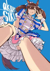 Rule 34 | 1girl, absurdres, akaya shiki, animal ears, artist name, blue background, breasts, brown hair, buttons, closed mouth, commentary, double-breasted, dress, frilled skirt, frills, from below, hair between eyes, hand on own knee, hat, highres, hishi akebono (umamusume), horse ears, horse girl, horse tail, large breasts, mini hat, one eye closed, petticoat, puffy short sleeves, puffy sleeves, red eyes, short sleeves, simple background, skirt, smile, solo, striped clothes, striped dress, tail, tongue, tongue out, twintails, two-tone dress, umamusume, upskirt, white dress