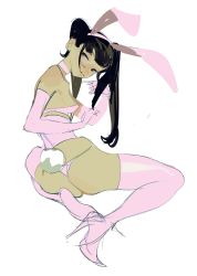 Rule 34 | 1girl, absurdres, animal ears, black hair, blunt bangs, boots, breasts, character request, choker, clothing cutout, copyright request, corset, dark-skinned female, dark skin, elbow gloves, fake animal ears, fake tail, full body, gloves, grey eyes, hairband, high heels, highres, horikwawataru, long hair, medium breasts, panties, perky breasts, pink choker, pink footwear, pink gloves, pink hairband, pink panties, rabbit ears, side cutout, simple background, sitting, solo, stiletto heels, t-back, tail, thigh boots, thighhighs, thong, twintails, twisted torso, underwear, wedgie, white background