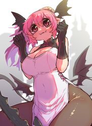 Rule 34 | 1boy, 2girls, armpit crease, bat wings, bent over, black wings, bodystocking, boots, breasts, chapter number, cleavage, dress, fangs, fangs out, head wings, highres, large breasts, leotard, long hair, looking at viewer, lotus (yakunitatsu node chi o kudasai), multicolored hair, multiple girls, necktie, pantyhose, pink eyes, pink hair, playboy bunny, pointy ears, pointy nose, raspberry (yakunitatsu node chi o kudasai), sash, shadow, shirt, short hair, slit pupils, smile, solo focus, streaked hair, sumire (yakunitatsu node chi o kudasai), vampire, vest, vietnamese dress, white background, white dress, wings, yakunitatsu node chi o kudasai, zyugoya