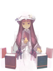 Rule 34 | 1girl, blunt bangs, book, bow, chair, crescent, crescent hair ornament, dress, empty eyes, female focus, frilled sleeves, frills, hair bow, hair ornament, hair ribbon, hat, holding, holding book, jacket, long hair, long sleeves, mob cap, on chair, patchouli knowledge, purple bow, purple eyes, purple hair, ribbon, shirohanamame taichou, shirohanamametaichou, simple background, sitting, solo, surrounded, touhou, very long hair, white background, white hat