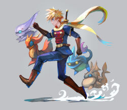Rule 34 | 1boy, absurdres, advarcher, armor, blonde hair, blue eyes, blue pants, blue tunic, boots, breastplate, djinn (golden sun), from side, gloves, golden sun, highres, isaac (golden sun), leather, leather boots, leather gloves, male focus, pants, running, scarf, short hair, spiked hair, sword, weapon, weapon on back, yellow scarf