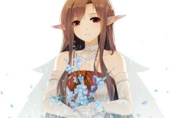 Rule 34 | 10s, 1girl, asuna (sao), asuna (sao-alo), bad id, bad pixiv id, bare shoulders, blush, brown eyes, brown hair, caidychen, collarbone, ear covers, elbow gloves, elf, flower, gloves, holding, holding flower, long hair, looking at viewer, petals, pointy ears, smile, solo, sword art online, titania (sao)