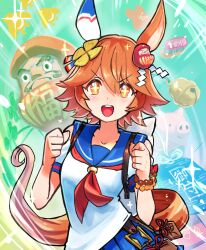 Rule 34 | + +, 1girl, animal ears, bell, blue skirt, clenched hands, clover hair ornament, commentary request, daruma doll, ear covers, flipped hair, four-leaf clover hair ornament, gameplay mechanics, hair ornament, highres, horse ears, horse girl, horse tail, looking at viewer, matikanefukukitaru (umamusume), neckerchief, open mouth, orange eyes, orange hair, red neckerchief, sailor collar, shirt, short hair, single ear cover, skirt, smile, solo, sparkle, tail, teeth, tokiwa png, umamusume, upper body, upper teeth only, v-shaped eyebrows, white shirt