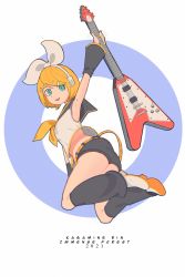 Rule 34 | 1girl, airborne, aqua eyes, ass, black shorts, breasts, character name, guitar, hair ribbon, highres, holding, holding instrument, instrument, kagamine rin, lin hai, looking at viewer, open mouth, ribbon, sailor collar, short hair, short shorts, shorts, small breasts, smile, solo, tube socks, vocaloid, white footwear, white ribbon