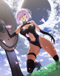 Rule 34 | 1girl, absurdres, black gloves, black leotard, black sun, black thighhighs, breasts, cleavage, clothing cutout, cloud, cloudy sky, day, elbow gloves, fate/grand order, fate (series), from below, gloves, grass, hair over one eye, highres, kneeling, large breasts, leotard, light purple hair, looking at viewer, mash kyrielight, navel, navel cutout, outdoors, purple eyes, shield, short hair, sky, smile, solo, sun, thigh strap, thighhighs