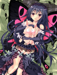 Rule 34 | 10s, 1girl, accel world, antenna hair, arita haruyuki, black hair, blush, brown eyes, bug, butterfly, butterfly wings, censored, convenient censoring, elbow gloves, gloves, hairband, highres, insect, insect wings, kuroyukihime, long hair, long legs, navel, pig, smile, wings, yagami shuuichi