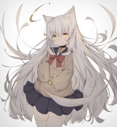 Rule 34 | 1girl, animal ear fluff, animal ears, black skirt, bow, bowtie, closed mouth, cowboy shot, grey background, hair between eyes, highres, holding, hourglass, long hair, long sleeves, looking at viewer, original, pleated skirt, red bow, red bowtie, risu (ritharte), school uniform, serafuku, simple background, skindentation, skirt, solo, standing, thighhighs, very long hair, white background, white hair, white thighhighs, yellow eyes