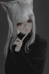 Rule 34 | 1girl, animal ears, aoi ogata, artist name, black shirt, clip studio paint (medium), closed mouth, commentary, commission, english commentary, glasses, grey background, grey hair, hair ornament, hand up, heart, heart hair ornament, highres, index finger raised, long hair, looking at viewer, original, red eyes, red lips, round eyewear, shirt, simple background, solo, upper body