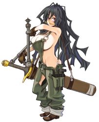 Rule 34 | 1girl, black hair, breasts, character request, cleavage, end breaker!, full body, glasses, gloves, huge breasts, large breasts, long hair, messy hair, naked overalls, no bra, no panties, overalls, red eyes, ryoji (nomura ryouji), scabbard, semi-rimless eyewear, sheath, simple background, solo, sword, weapon, white background