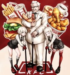 Rule 34 | 1boy, 2girls, animal, bird, black-framed eyewear, black footwear, black necktie, black ribbon, black shorts, black skirt, black socks, black vest, blazer, blue eyes, blunt bangs, blush, cane, cheese, chicken, chicken (food), closed eyes, closed mouth, collared shirt, colonel sanders, copyright name, cup, disposable cup, drinking straw, facial hair, food, formal, french fries, full body, glasses, gloves, goatee, grey vest, highres, holding, holding animal, jacket, kfc, kneehighs, leaning forward, leaning to the side, lettuce, long hair, long sleeves, looking at viewer, mug, multiple girls, mustache, neck ribbon, necktie, old, old man, over-rim eyewear, own hands together, oyume, pants, parted lips, platform footwear, red footwear, red gloves, red legwear, ribbon, semi-rimless eyewear, shirt, shoes, shorts, skirt, sleeping, smile, socks, standing, steam, suit, swept bangs, thighhighs, tomato, very long hair, vest, white hair, white pants, white shirt, wing collar