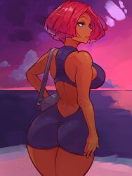 Rule 34 | 1girl, absurdres, ass, bag, blue eyes, breasts, dark, dusk, from behind, giovanna (guilty gear), guilty gear, guilty gear strive, handbag, highres, huge ass, large breasts, purple bag, red eyes, short hair, sideboob, solo, sunset, taobaka