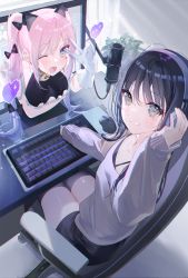 Rule 34 | 2girls, adjusting headphones, animal ears, black bow, black bra, black dress, black shorts, bow, bra, cat ears, collarbone, commentary request, curtains, desk, dress, fang, from above, gloves, grey eyes, grey shirt, hair bow, hair over shoulder, hand on headphones, headphones, heart, highres, keyboard (computer), light, long hair, long sleeves, looking at viewer, microphone, miwano rag, monitor, mouse (computer), multiple girls, on chair, open mouth, original, pink hair, plant, shirt, shorts, sidelocks, sitting, smile, turtleneck, underwear, v, white gloves, window