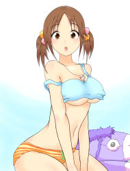 Rule 34 | 10s, 1girl, :o, breasts, brown eyes, brown hair, highres, idolmaster, idolmaster cinderella girls, jewelry, large breasts, m mance, midriff, navel, necklace, open mouth, panties, sitting, solo, strap slip, striped clothes, striped panties, tank top, totoki airi, twintails, underboob, underwear