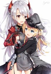 Rule 34 | 2girls, anchor hair ornament, aqua eyes, azur lane, black gloves, black skirt, blonde hair, breasts, cowboy shot, cross, crossover, dated, garter straps, gloves, grey hat, hair between eyes, hair ornament, hat, historical name connection, hug, iron cross, kantai collection, large breasts, long hair, low twintails, military, military hat, military uniform, mole, mole on breast, multiple girls, name connection, peaked cap, pelvic curtain, pleated skirt, prinz eugen (azur lane), prinz eugen (kancolle), red eyes, rin yuu, signature, silver hair, simple background, skirt, twintails, two side up, uniform, white background