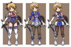 Rule 34 | 1girl, alternate costume, armor, armored dress, bad id, bad pixiv id, bare shoulders, blonde hair, boots, bow, brown background, cassandra alexandra, costume chart, elbow gloves, gloves, green eyes, hair bow, hairband, hun (uyonis), leotard, multiple persona, necktie, pantyhose, pink necktie, ponytail, shield, shoulder pads, soul calibur, soulcalibur, soulcalibur ii, soulcalibur iii, soulcalibur iv, sword, thigh boots, thighhighs, weapon