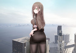 Rule 34 | 1girl, @ @, breasts, brown hair, brown shirt, car, cityscape, commentary, giant, giantess, green eyes, highres, lanyard, large breasts, long hair, motor vehicle, office lady, ol-chan (oouso), oouso, original, pantyhose, pencil skirt, shirt, skirt, skyline
