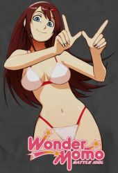 Rule 34 | bandai namco, bikini, blue eyes, breasts, brown hair, cleavage, hair ornament, hourglass, large breasts, long hair, looking at viewer, looking down, midriff, model, namco, official art, shiftylook, skin tight, skindentation, smile, swimsuit, undersized clothes, white bikini, wonder momo