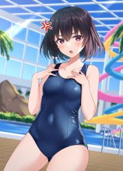 Rule 34 | 1girl, :o, anger vein, bare arms, bare shoulders, black hair, blue one-piece swimsuit, blurry, blurry background, blush, bow, braid, breasts, class no gyaru ga nazeka ore no gimai to nakayoku natta., collarbone, covered navel, cowboy shot, day, depth of field, female focus, gluteal fold, hair between eyes, hair bow, hands on own chest, hands up, highres, indoors, komori kuzuyu, looking at viewer, nagumo tsumugi, novel illustration, official art, one-piece swimsuit, open mouth, pool, purple eyes, railing, school swimsuit, short hair, side braid, single braid, slide, small breasts, solo, swimsuit, textless version, v-shaped eyebrows, water, water slide, white bow