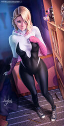 Rule 34 | 1girl, absurdres, artist name, bed, bedroom, blonde hair, blue eyes, bodysuit, book, bookshelf, breasts, closed mouth, colored tips, figure, full body, gloves, gwen stacy, hand up, highres, hood, hood down, hooded bodysuit, indoors, lips, marvel, medium breasts, medium hair, moonlen-jack, multicolored hair, paint can, pen, pencil, pink gloves, pink hair, shoes, skin tight, sneakers, solo, spider-gwen, spider-man: across the spider-verse, spider-man: into the spider-verse, spider-man (series), spider-verse, twitter username, watermark, web address, web print