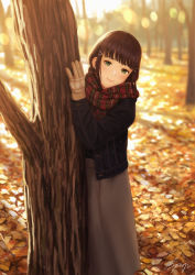 Rule 34 | 1girl, :3, alternate costume, autumn, autumn leaves, bad id, bad pixiv id, black jacket, blurry, blurry background, bokeh, brown gloves, brown hair, casual, closed mouth, commentary request, day, denim, denim jacket, depth of field, gloves, green eyes, grey skirt, hair ornament, hairclip, highres, jacket, kurosawa dia, long hair, long skirt, long sleeves, love live!, love live! sunshine!!, mole, mole under mouth, open clothes, open jacket, outdoors, papi (papiron100), pink lips, plaid, plaid scarf, red scales, scarf, skirt, solo, tree, unbuttoned