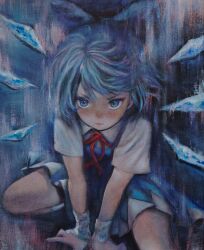 Rule 34 | 1girl, absurdres, between legs, blue bow, blue dress, blue eyes, blue hair, blush, bow, cirno, commentary, dress, female focus, hair bow, hand between legs, highres, ice, ice wings, oil painting (medium), painting (medium), pinafore dress, russian commentary, shirt, sleeveless, sleeveless dress, svveetberry, touhou, traditional media, v-shaped eyebrows, white shirt, wings