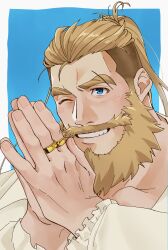 Rule 34 | 1boy, apologizing, bara, beard, bergamond (crave saga), crave saga, eyebrow cut, facial hair, hands up, highres, jewelry, light blush, long hair, male focus, mature male, multiple rings, one eye closed, own hands together, palms together, ponytail, ring, shirt, solo, thick eyebrows, thick mustache, undercut, upper body, usuki (usukine1go)