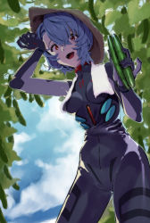 Rule 34 | 1girl, :d, ayanami rei, blue hair, blue sky, bodysuit, cloud, cucumber, evangelion: 3.0+1.0 thrice upon a time, food, from below, hand up, hat, highres, holding, holding food, looking at viewer, multicolored bodysuit, multicolored clothes, neon genesis evangelion, open mouth, outdoors, plugsuit, rebuild of evangelion, red eyes, short hair, skin tight, sky, smile, solo, standing, straw hat, tree, tree shade, yagisawa teru