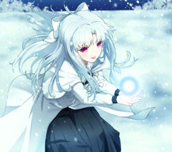 Rule 34 | 1girl, azami masurao, black skirt, bow, closed mouth, coat, day, floating hair, hair bow, hair intakes, highres, long hair, long skirt, long sleeves, melty blood, neck ribbon, outdoors, pleated skirt, red eyes, ribbon, silver hair, skirt, smile, snow, snowing, solo, tongue, tongue out, tsukihime, very long hair, white bow, white coat, white len (tsukihime), white ribbon