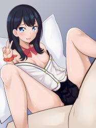 Rule 34 | 10s, 1boy, 1girl, alfort (may0508), bare shoulders, black hair, black skirt, blue eyes, blush, bow, breasts, cardigan, clothed sex, gridman universe, hetero, highres, long hair, long sleeves, lying, medium breasts, miniskirt, missionary, off shoulder, on back, open mouth, orange scrunchie, pillow, pleated skirt, red bow, scrunchie, sex, skirt, smile, solo focus, spread legs, ssss.gridman, sweat, sweater, takarada rikka, tears, thighs, v, wavy mouth, white cardigan, white sweater, wrist scrunchie