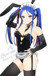 Rule 34 | 1girl, alternate costume, alternate hairstyle, animal ears, apron, arm up, armpits, bare shoulders, between breasts, black gloves, black leotard, black necktie, black thighhighs, blue hair, breasts, cleavage, cowboy shot, dated, elbow gloves, fake animal ears, fingerless gloves, garter straps, gloves, grey eyes, hand on own hip, highres, kantai collection, leotard, looking at viewer, maid headdress, medium breasts, multicolored hair, necktie, necktie between breasts, parted bangs, playboy bunny, red hair, simple background, solo, south dakota (kancolle), thighhighs, toriniku senshi chikinman, twintails, twitter username, waist apron, white background