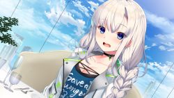 Rule 34 | 1girl, blue eyes, blush, braid, breasts, chair, choker, cleavage, cloud, cup, day, drinking glass, embarrassed, female focus, game cg, jacket, large breasts, long hair, looking at viewer, open mouth, original, pero, re:d cherish, sitting, sky, solo, table, twin braids, unica la-speranza, upper body, white hair, window