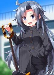 Rule 34 | 1girl, :d, alternate costume, black jacket, black pants, blurry, blurry background, blush, buttons, character name, collared jacket, commentary request, day, eyes visible through hair, foot out of frame, gakuran, grey eyes, grey hair, hair intakes, hand in pocket, hand up, high collar, highres, himemushi momoyo, jacket, long hair, long sleeves, looking at viewer, open mouth, outdoors, pants, ruu (tksymkw), school uniform, shovel, smile, solo, split mouth, standing, standing on one leg, touhou