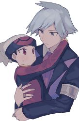 Rule 34 | 2boys, arm around shoulder, armlet, beanie, black jacket, brendan (pokemon), carrying, closed mouth, collared shirt, commentary request, creatures (company), expressionless, eye contact, game freak, grey eyes, grey hair, grey headwear, hat, jacket, jewelry, long sleeves, looking at another, male focus, multiple boys, nintendo, oshi taberu, pokemon, pokemon adventures, purple neckwear, red eyes, red jacket, ring, shirt, spiked hair, steven stone, sweatdrop, white background