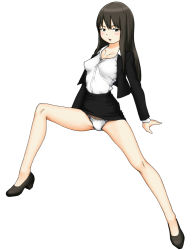 Rule 34 | 1girl, arm support, black eyes, black footwear, black hair, black jacket, black skirt, commentary request, dress shirt, flats, formal, frown, half-closed eyes, invisible chair, jacket, knee up, long hair, long sleeves, looking at viewer, maburu (lojyq1eur3e8bit), miniskirt, office lady, open clothes, open jacket, open mouth, original, panties, pantyshot, pencil skirt, shirt, simple background, sitting, skirt, skirt suit, solo, spread legs, straight hair, suit, underwear, white background, white panties, white shirt, wing collar