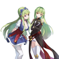 Rule 34 | 2girls, aoba aratame ni, arms behind back, black sleeves, blue choker, blue dress, boots, breasts, brown eyes, butterfly hair ornament, c.c., choker, cleavage, closed mouth, code geass, collarbone, detached sleeves, dress, floating hair, frown, green hair, hair ornament, head tilt, highres, ixion saga, large breasts, leaning forward, long hair, long sleeves, look-alike, mariandale, multiple girls, pinafore dress, purple eyes, short dress, short shorts, short sleeves, shorts, simple background, sleeveless dress, standing, straight hair, thigh boots, thighhighs, underbust, very long hair, white background, white footwear, white shorts, white thighhighs, zettai ryouiki